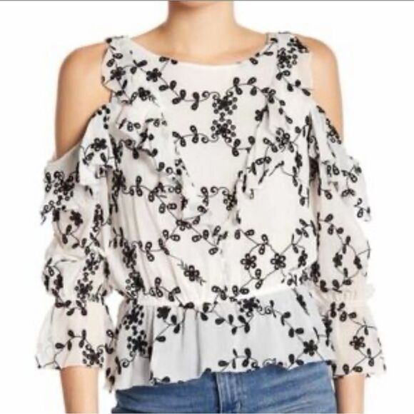 Joie Silk Cold Shoulder Floral Eyelet Blouse - Size Large - Ivory/black - Picture 1 of 10